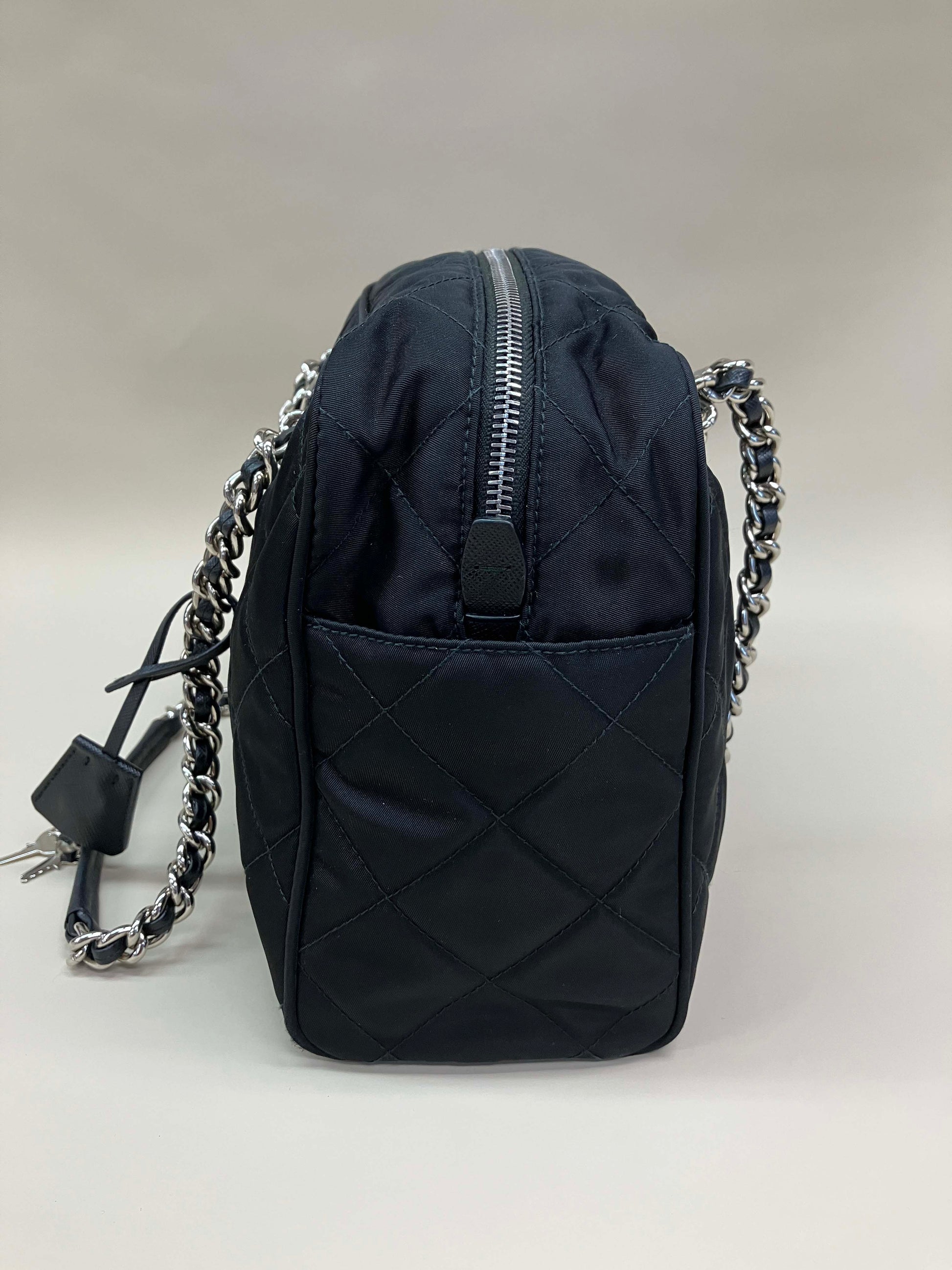 PRADA Saffiano Tessuto Nylon Chain Shoulder Bag Black 1303556